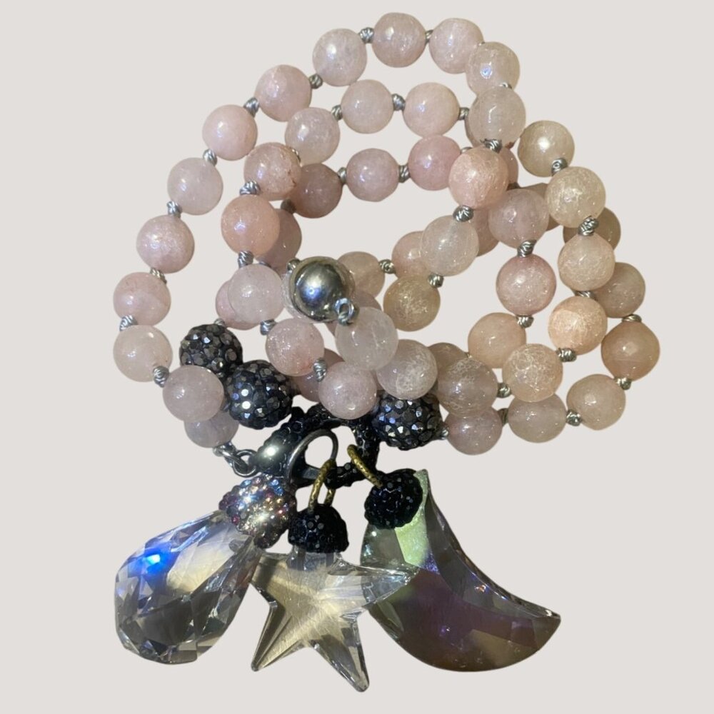 Rose Quartz Beaded Necklace Clear Pink Glass Moon Star Crystal Charms Magnet